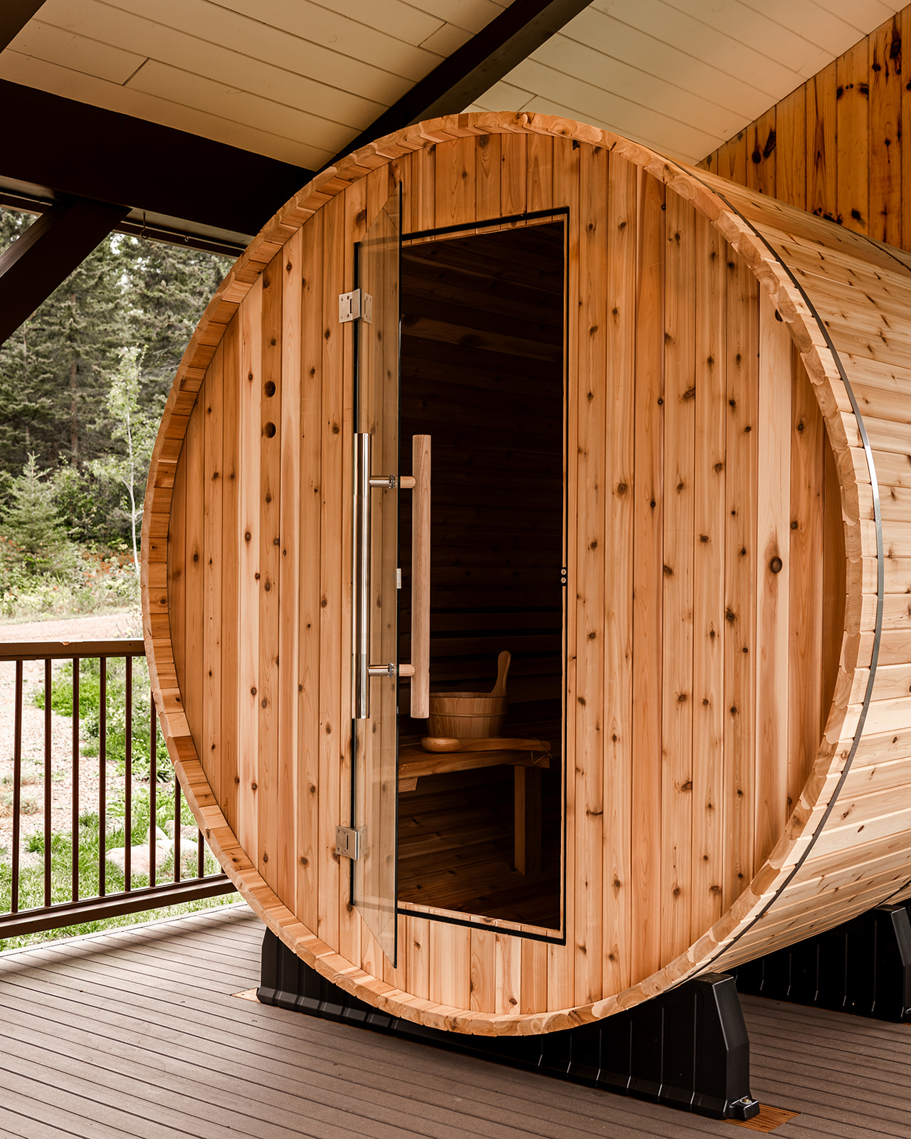 Outdoor electric sauna at Leveaux Lodge